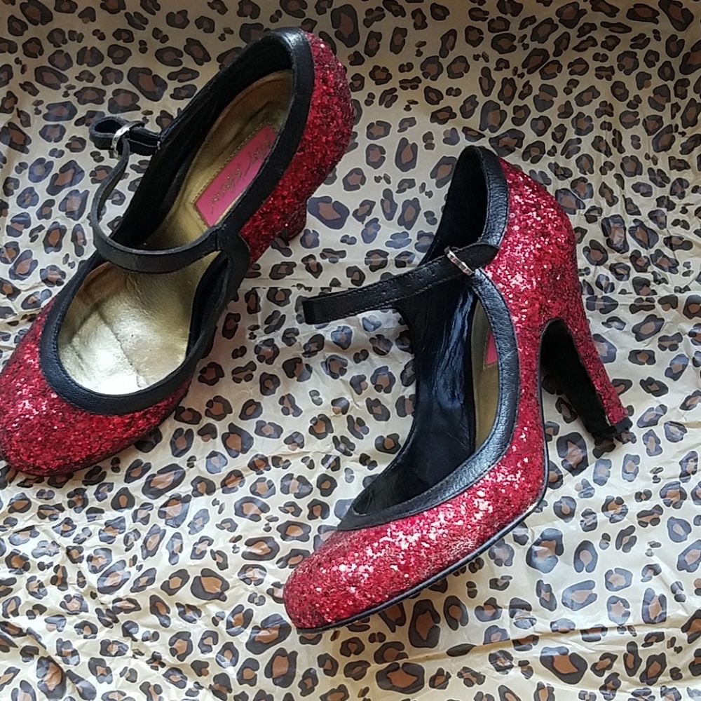 Betsey Johnson Red Glitter Mary Janes Shoes
